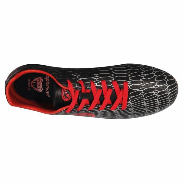 Black Optimum Viper rugby boot, top view showing red laces, silver hex print and red lining on white - Optimum