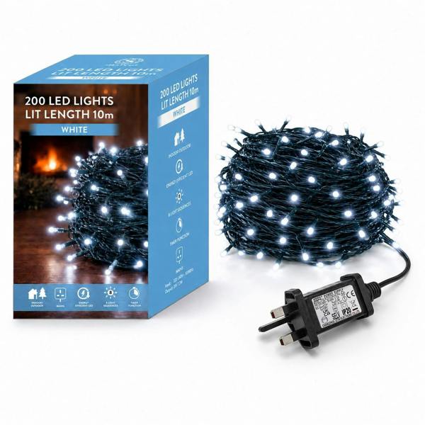 Cool White LED Fairy String Lights with Green Cable, 8 Modes, Memory and Auto Timer image 1