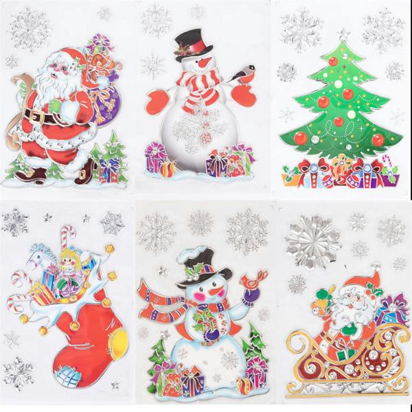 6 Pack Colourful 3D Christmas Window Clings with Santa, Snowman, Reindeer and Festive Snowflakes image 1