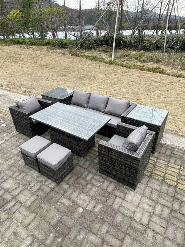 Fimous Rattan Garden Furniture Adjustable Rising Lifting Dining Table Sofa Set Chairs 2 Side Coffee Tables with 2 Stools