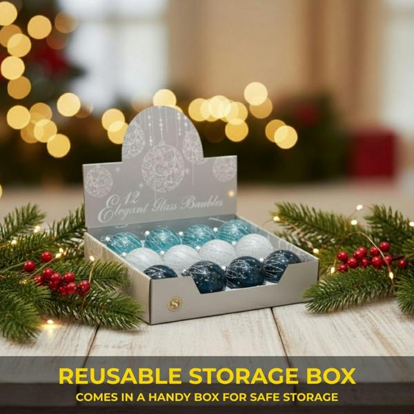 8cm Glass Christmas Baubles Set, Blue and White, 12 Pack with 3 Assorted Designs image 9