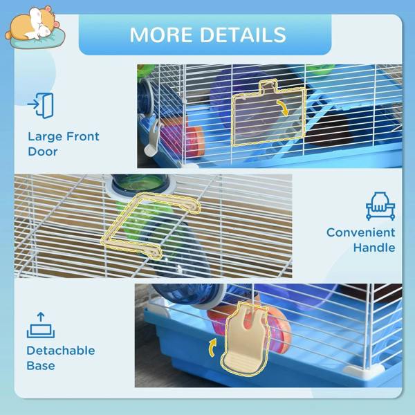 Blue hamster cage with detachable base, front door, and carry handle details