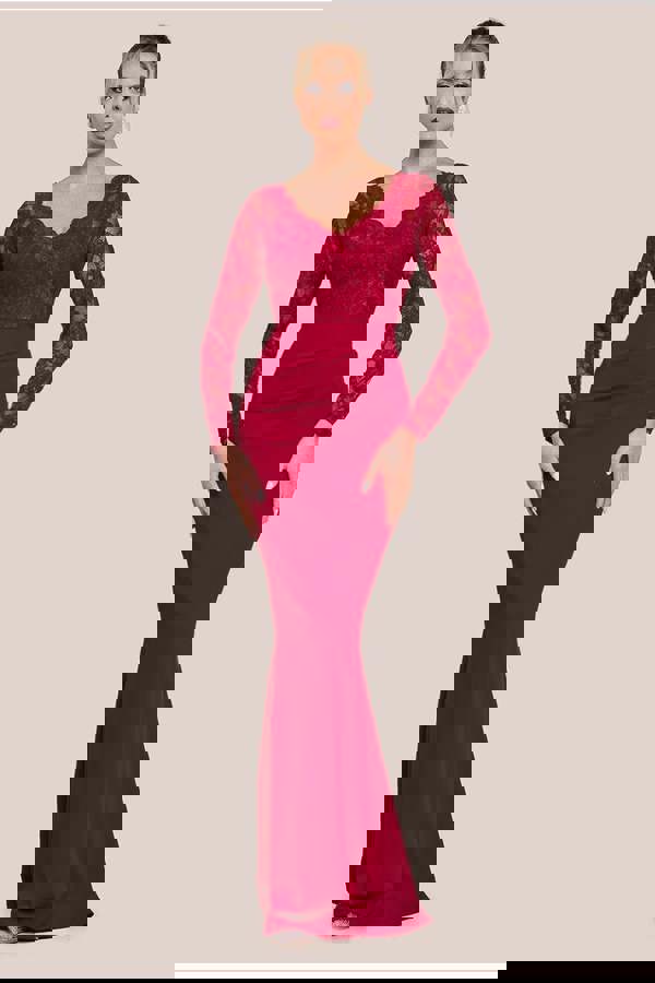 Scalloped Lace & Scuba Maxi Dress - Wine DR2449C