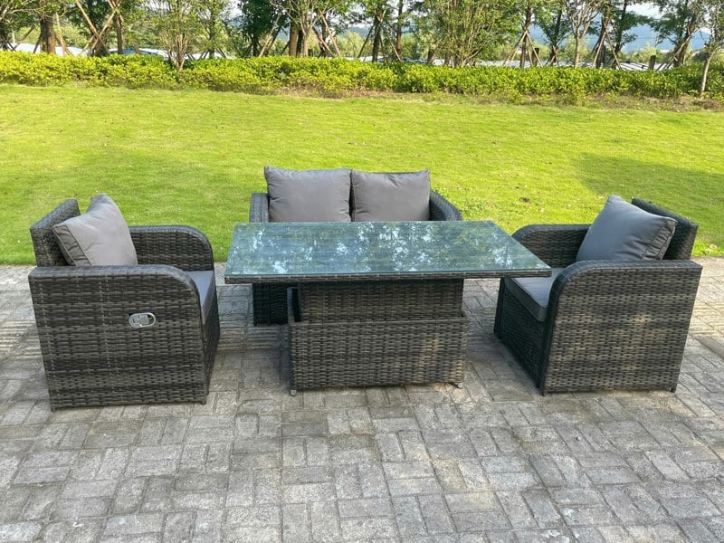 Fimous Dark Mixed Grey Rattan Outdoor Garden Furniture Lifting Adjustable Dining Or Coffee Table Sets Love Sofa Reclining Chairs 4 Seater