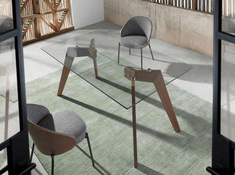 Angel Cerdá Rectangular tempered glass and walnut dining table 1031
