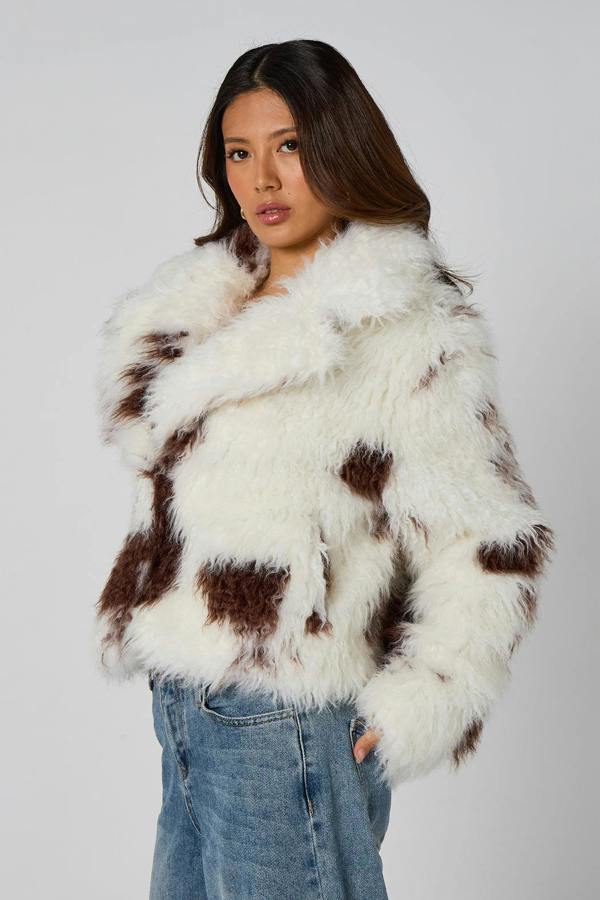 Urban Bliss Cow Print Faux Fur Jacket
