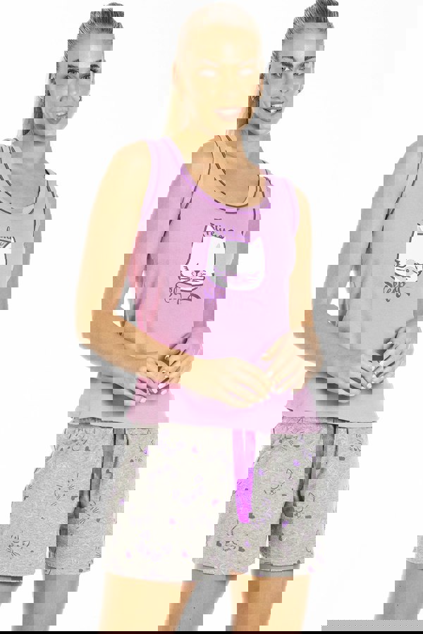 Camille Womens Short Cotton Lilac Cat Print Pyjama Set