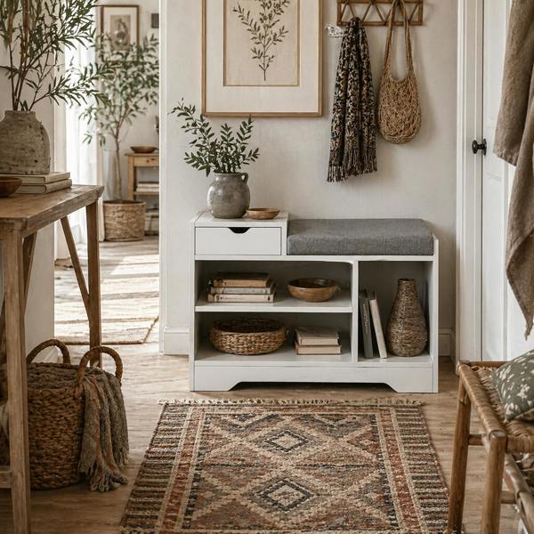 Wyld Haus Norata Wooden White Multi Compartment Shoe Bench With Grey Cushioned Seat