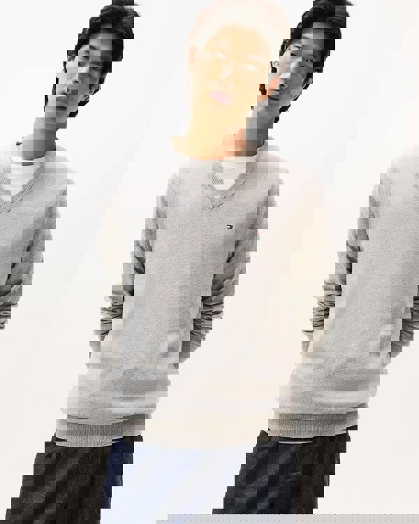 Tommy Hilfiger Pima Organic Cotton Mens Cashmere V-Neck Jumper - Light Grey Heather