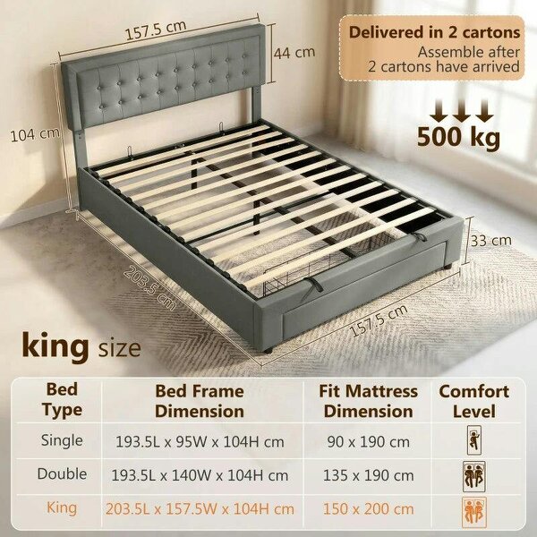 PU Leather King Size Ottoman Bed Frame, with Front Drawer - Grey