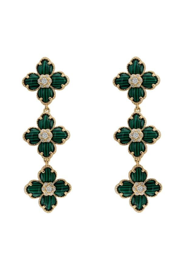 Pair of green floral earrings with gold accents on a white background
