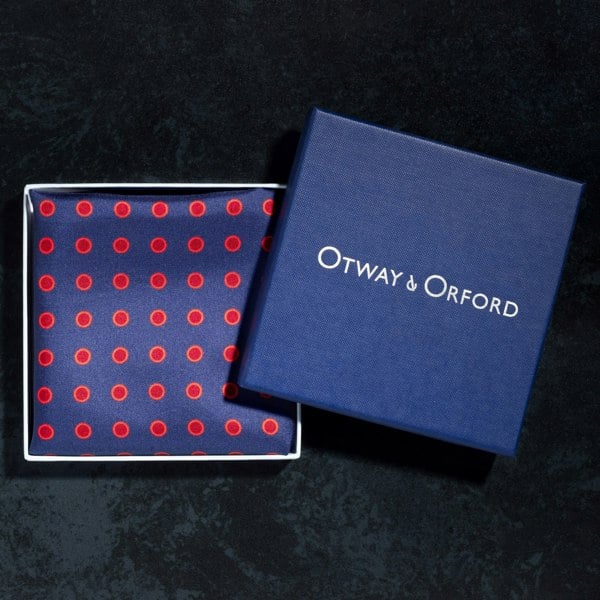 Luna polka dot silk pocket in blue with red dots in gift box by Otway & Orford