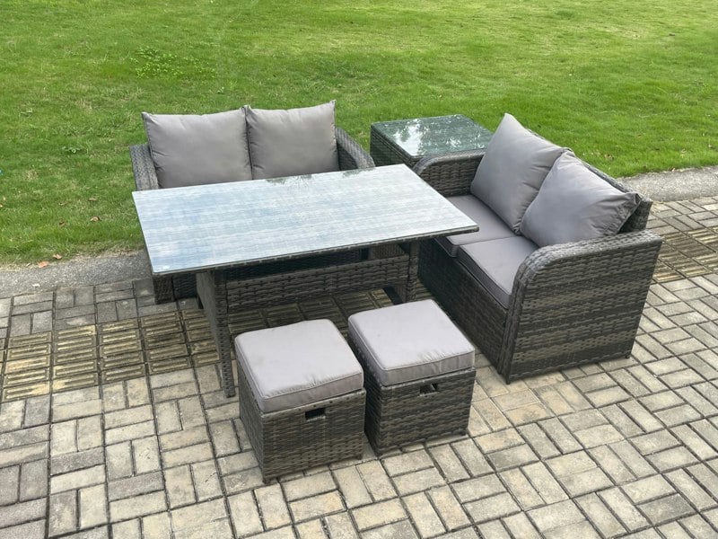 Fimous Garden Patio Furniture Wicker Rattan Oblong Rectangular Dining Table and Loveseat Sofa set with Side Table 2 Small Footstools Dark Grey Mixed