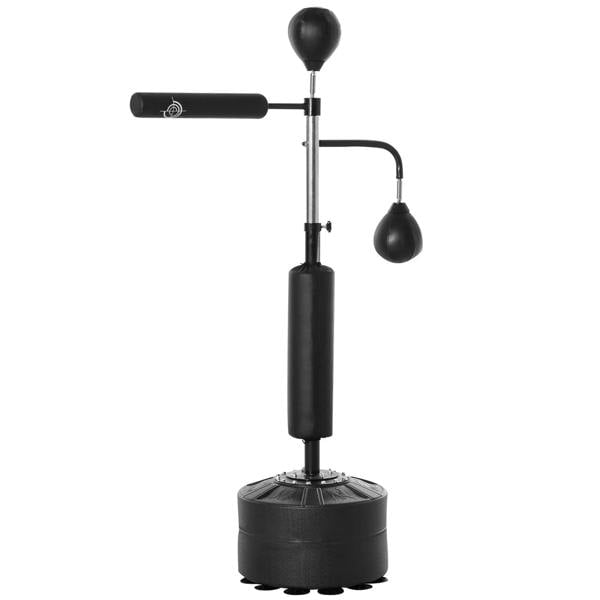 Freestanding black boxing punching bag stand with two speed balls and reflex bar