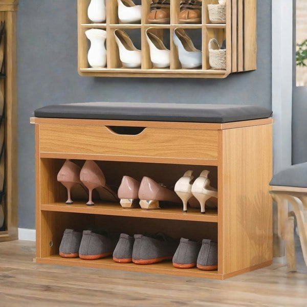 Rafaelo Mobilia Wooden Shoe Storage Bench With Cushioned Seat 60CM