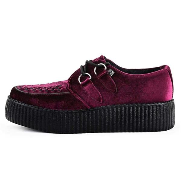 TUK Footwear TUK Viva High Creeper Burgundy Velvet Platform Lace-Up Goth Shoes - AV6802
