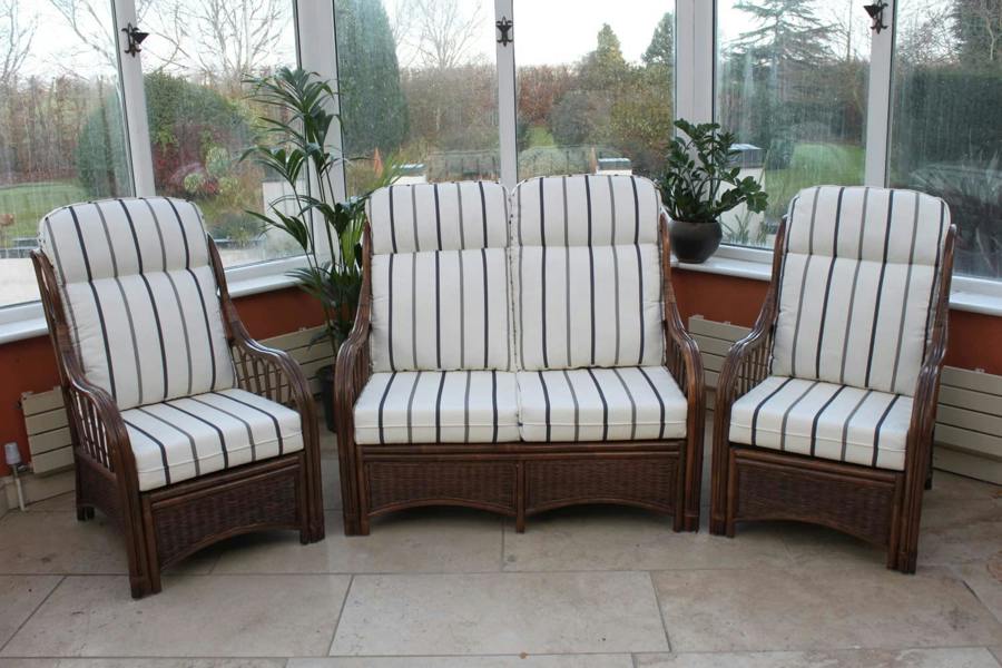 The Garden Marketplace Verona Cane 3 Piece Suite with Sofa and 2 Chairs for Conservatory or Living Room Seating, Deep Cushions and High Back Support