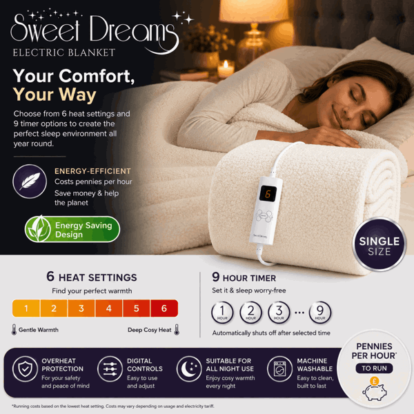 Sweet Dreams Luxury Fleece Electric Blanket Single Size, Machine Washable Underblanket, Digital Control, Overheat Protection