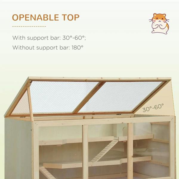 Wooden hamster cage with openable top mesh panels and support bar for different angles