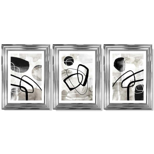 Artze Wall Art Set of 3 Abstract Black Grey Watercolour Framed Wall Art