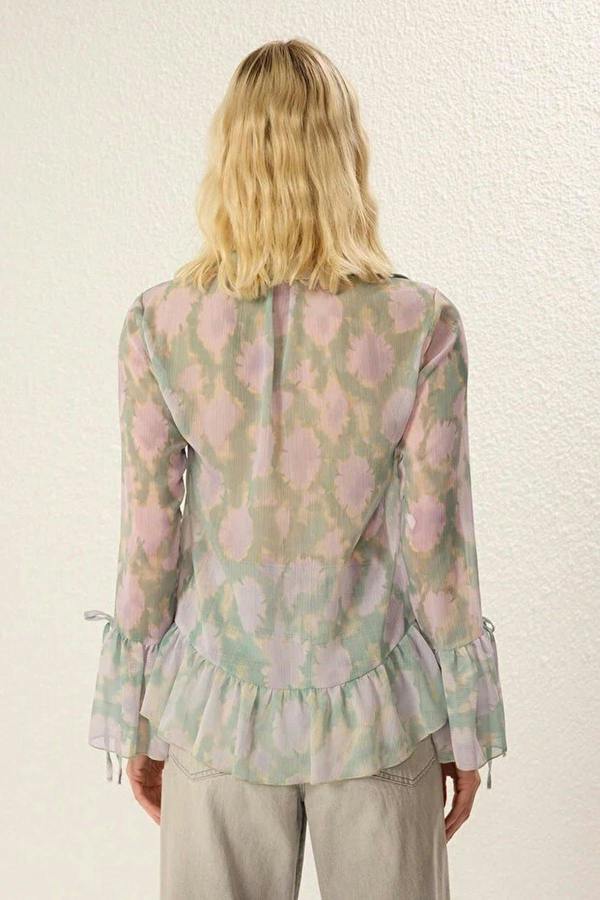 WOVCOR Tie-up Woven Shirt with Ruffle Detail on Front and Sleeves