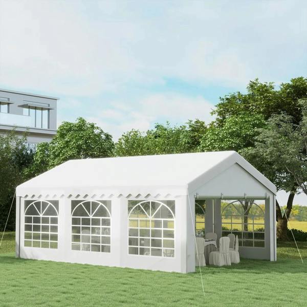White garden event gazebo with scalloped valance and grid window side walls