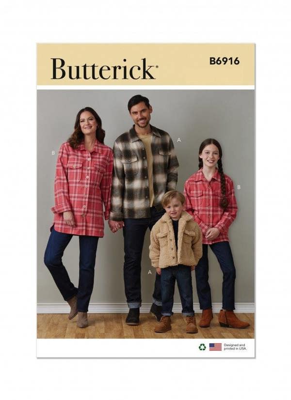 Butterick Sewing Pattern 6916, Shirts, Jackets for Kids, Teenagers, Women, Men, A (XS-S-M-L Kids / S-M-L-XL Adult - Intermediate