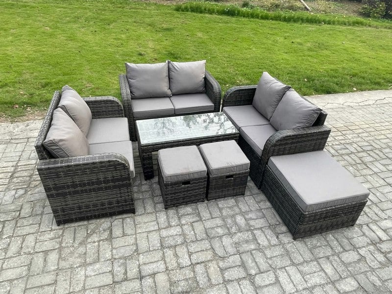 Fimous Outdoor Garden Furniture Sets 7 Pieces Wicker Rattan Furniture Sofa Sets with Rectangular Coffee Table Love seat Sofa 3 Footstools