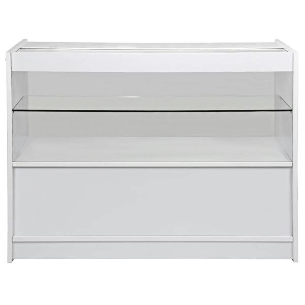 Brilliant white retail shop counter featuring a sleek design, glass display shelf, and spacious storage area for products