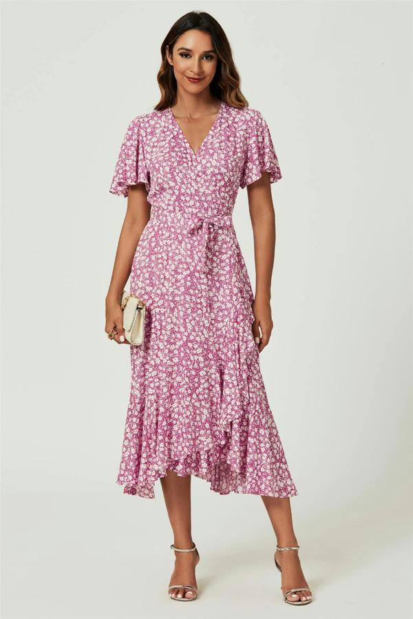 FS Collection Floral Print Midi Wrap Dress In Pink