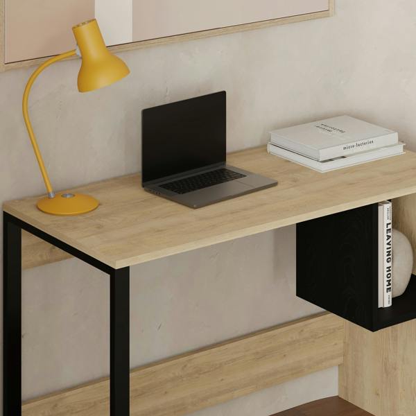 Decortie Model-4 110(W)cm Computer Desk Oak, Black Wood Workstation PC Work Table Office Gaming Desk Shelf with Black Metal Leg