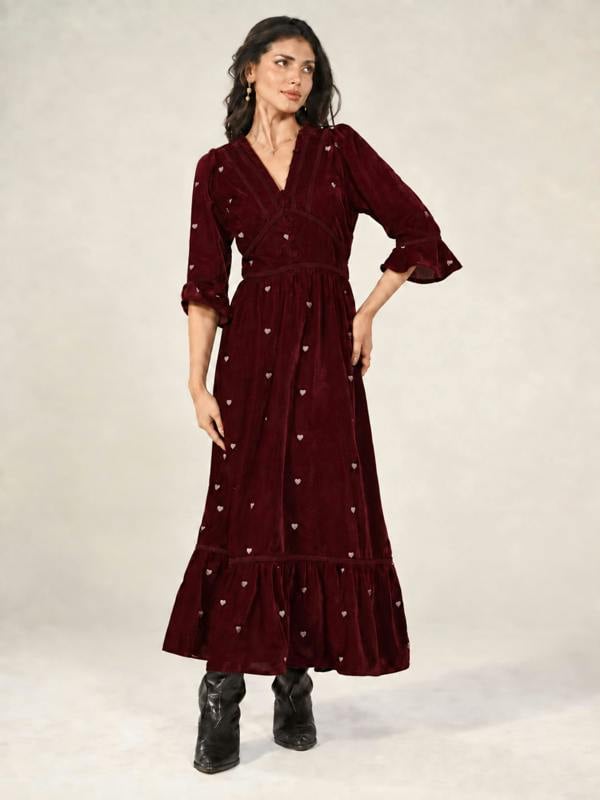 Rose & Nancy Giselle Burgundy Embroidery Velvet Midi Dress