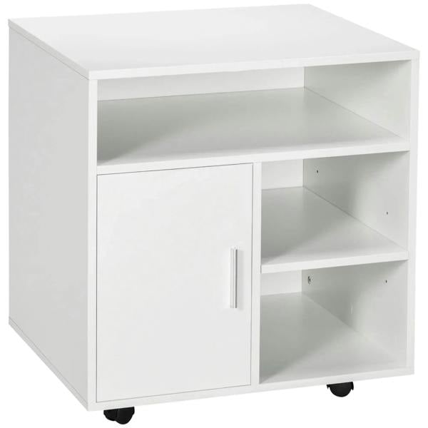 White printer stand cabinet with door, open shelves, and caster wheels