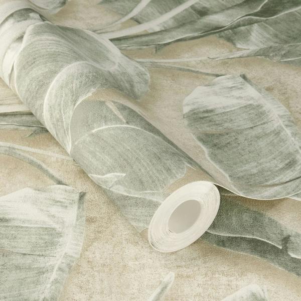 Rasch x Tesa Cuba Tropical Watercolour Banana Leaves Self Adhesive Peel and Stick Textured Wallpaper, Green