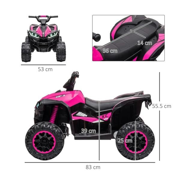 Pink and black 12V ride-on quad bike size diagram with LED headlights
