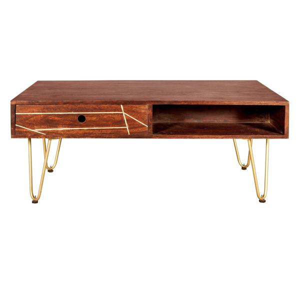 Wyld Haus Bandung Dark Mango Wood and Gold Rectangular Coffee Table 1 Drawer 1 Open Shelf