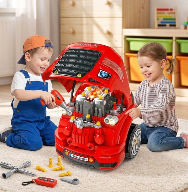 HOMCOM Kids Truck Engine Toy Set w/ Horn, Light, Car Key for 3-5 Years Old Red