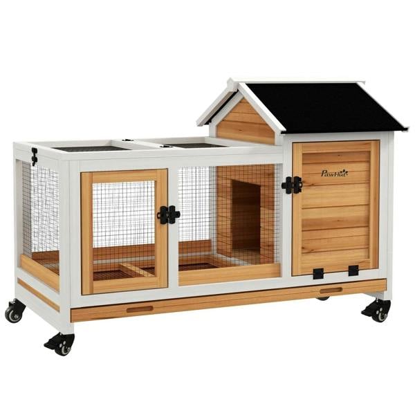 Wooden rabbit hutch with wire doors, ramped roof, and removable tray on wheels