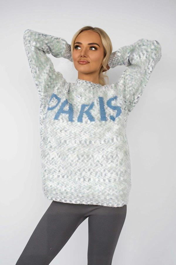 Jalina Long Sleeve Oversized Knitted Jumper With Paris Slogan - Grey