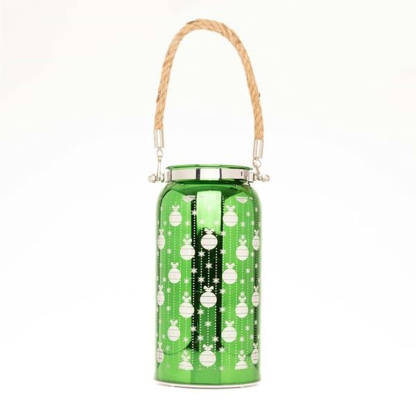 2cm Christmas Decorated Jar Table Baubles Design Green Lantern with Warm White LED Lights image 1