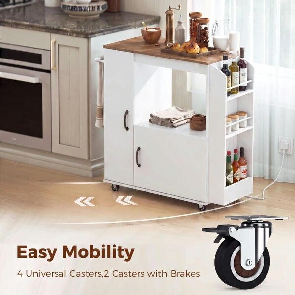 Kitchen Trolley on Wheels, Rolling Kitchen Island Cart with Power Outlet, Cabinet, Pull-Out Drawer, White