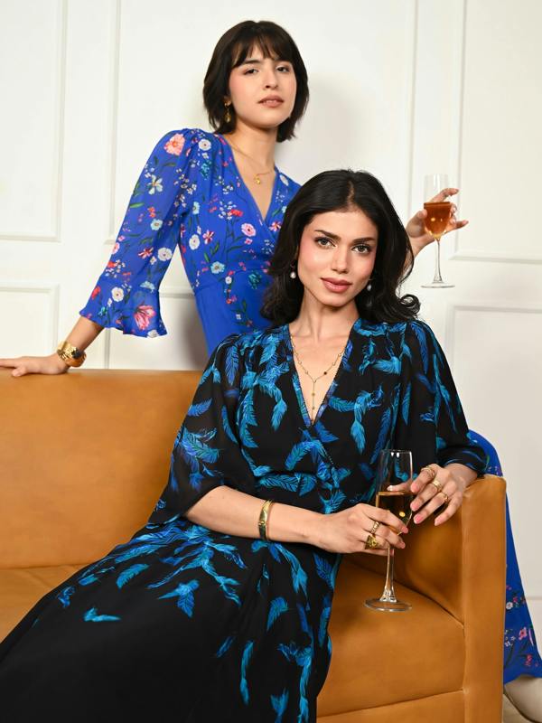Rose & Nancy Talia Black Feather Print Maxi Dress