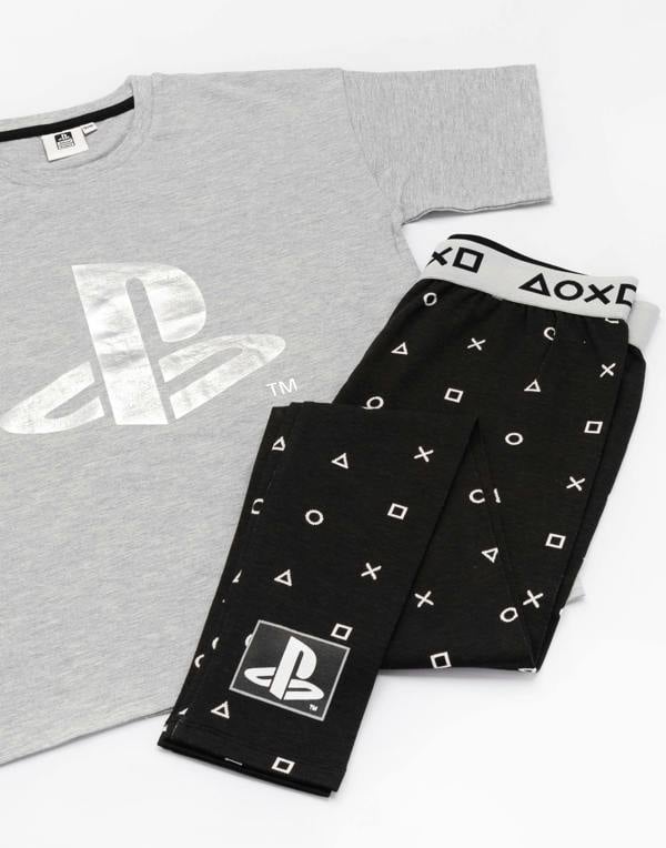 PlayStation Girls Grey White Logo Controller Symbols Short Sleeve Long Leg Pyjama Set