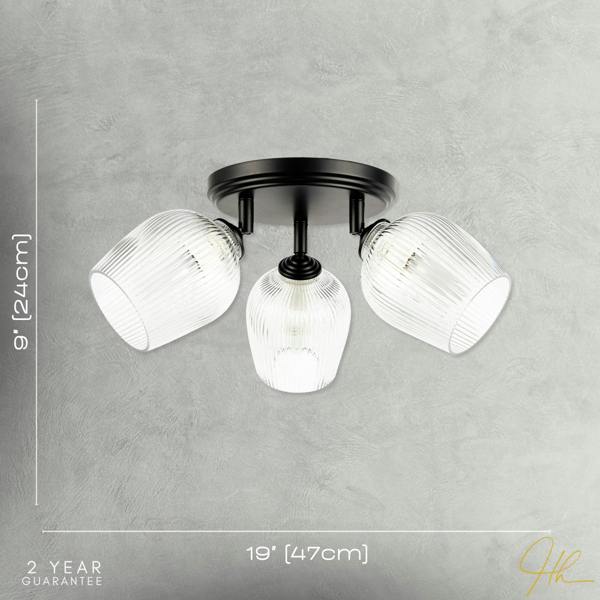 Matte Black Triple Spot Ceiling Light with Clear Ribbed Glass Shades Image 7