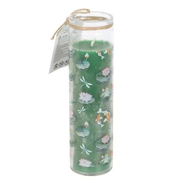 Green glass tube scented candle with pond scene print and side care label