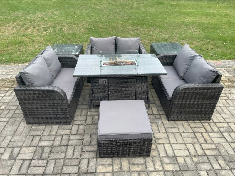 Fimous Rattan Outdoor Garden Furniture Sofa Set Gas Fire Pit Dining Table Gas Heater with 2 Side Tables Love Sofa Big Footstool Dark Grey Mixed
