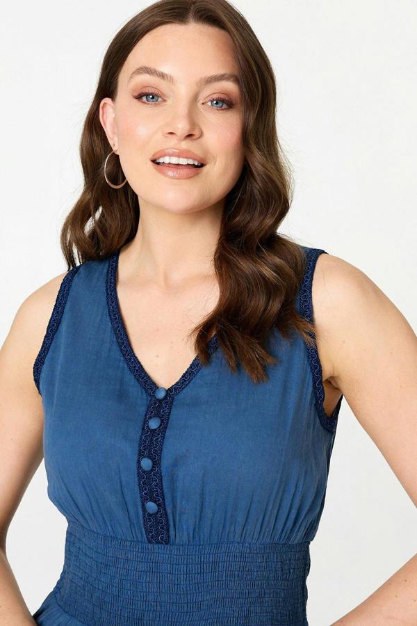 Blue | Embroidered Tiered Sleeveless Midi Dress