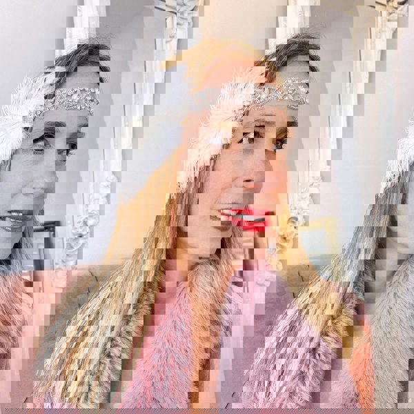 white gatsby headpiece with pearls