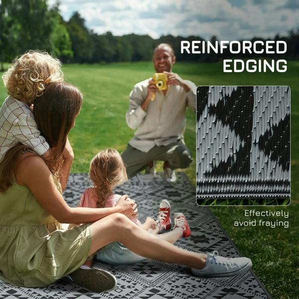 Black and grey outdoor rug with reinforced edging, family sitting on patio