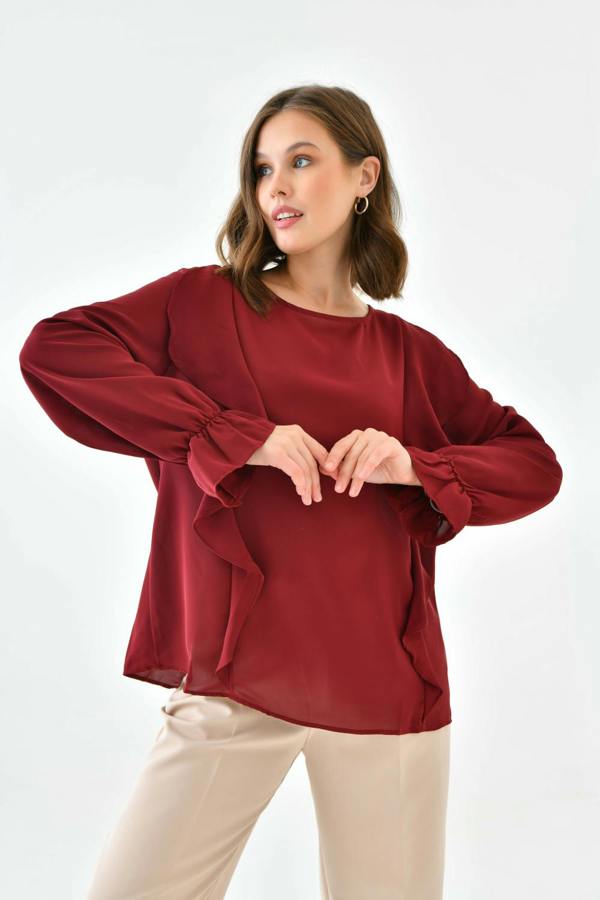 Hoxton Gal Oversized Frilled Front Blouse with Detailed Cuffs in Burgundy